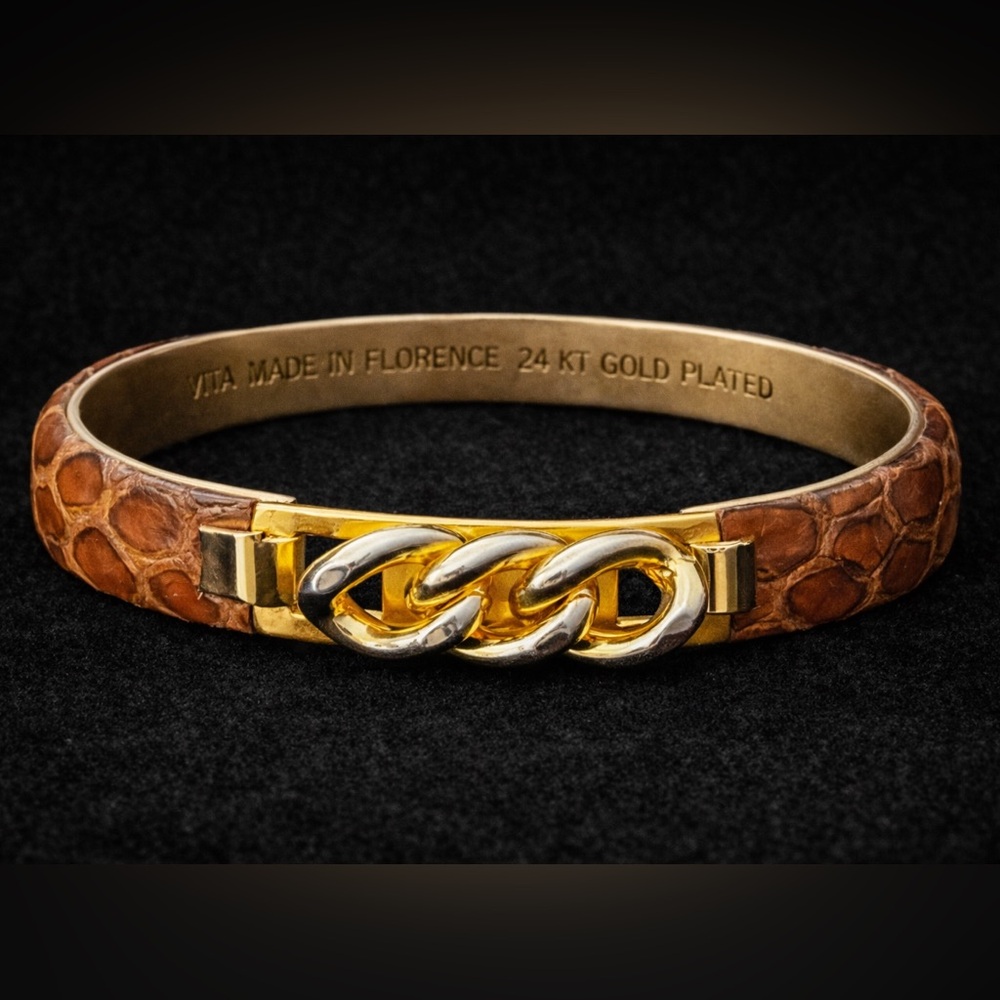 VITA Florence 24KT Gold Plated Croc Leather Chain Link Cuff Bracelet Italy